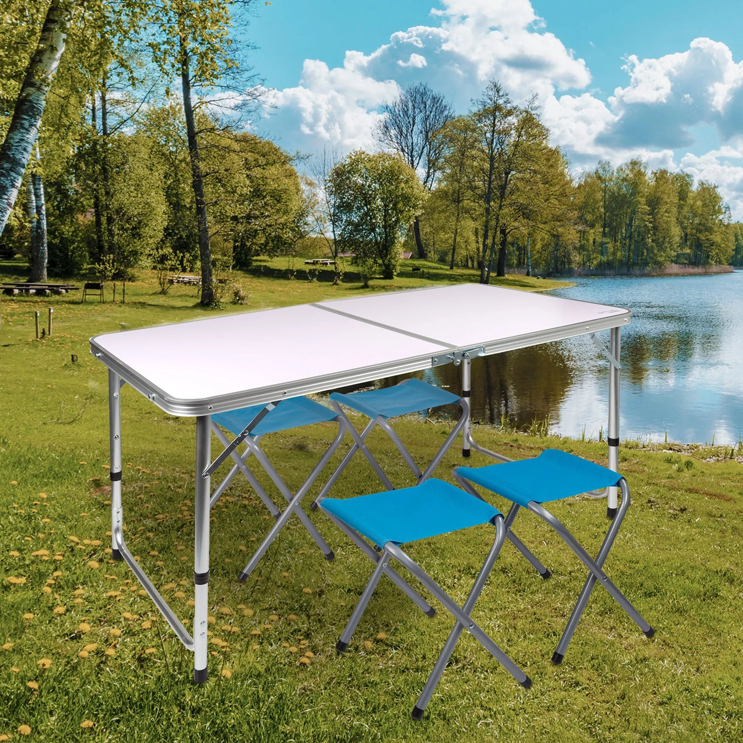 Height adjustable folding table with 4 Aktive stools, camping table, folding camping table, camping folding table, camping furniture, camping table and stools, folding table with chairs, folding table