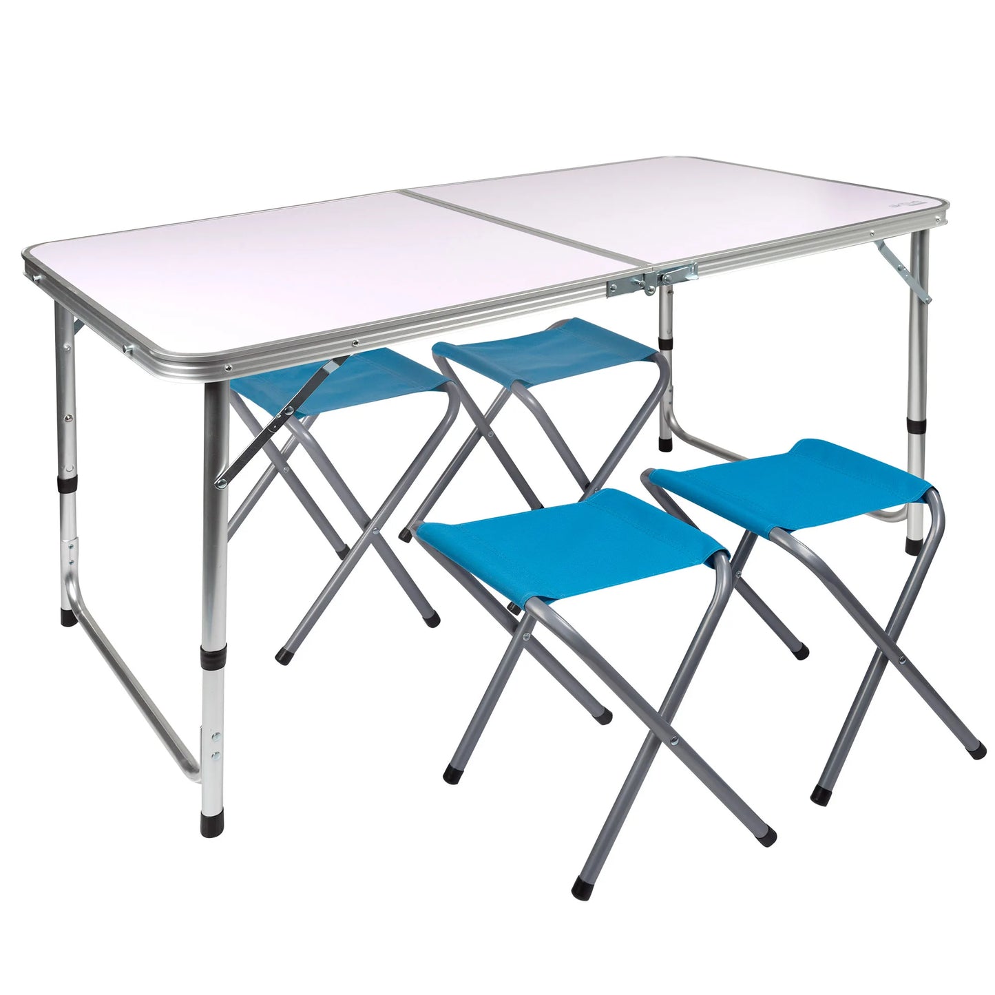 Height adjustable folding table with 4 Aktive stools, camping table, folding camping table, camping folding table, camping furniture, camping table and stools, folding table with chairs, folding table
