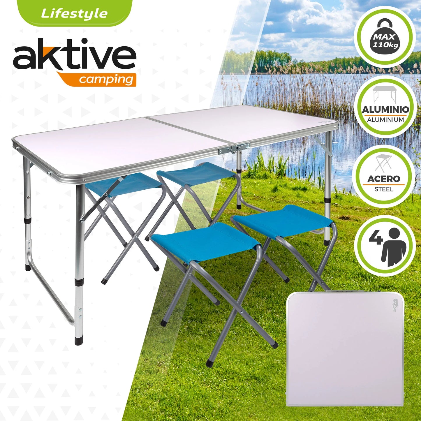 Height adjustable folding table with 4 Aktive stools, camping table, folding camping table, camping folding table, camping furniture, camping table and stools, folding table with chairs, folding table