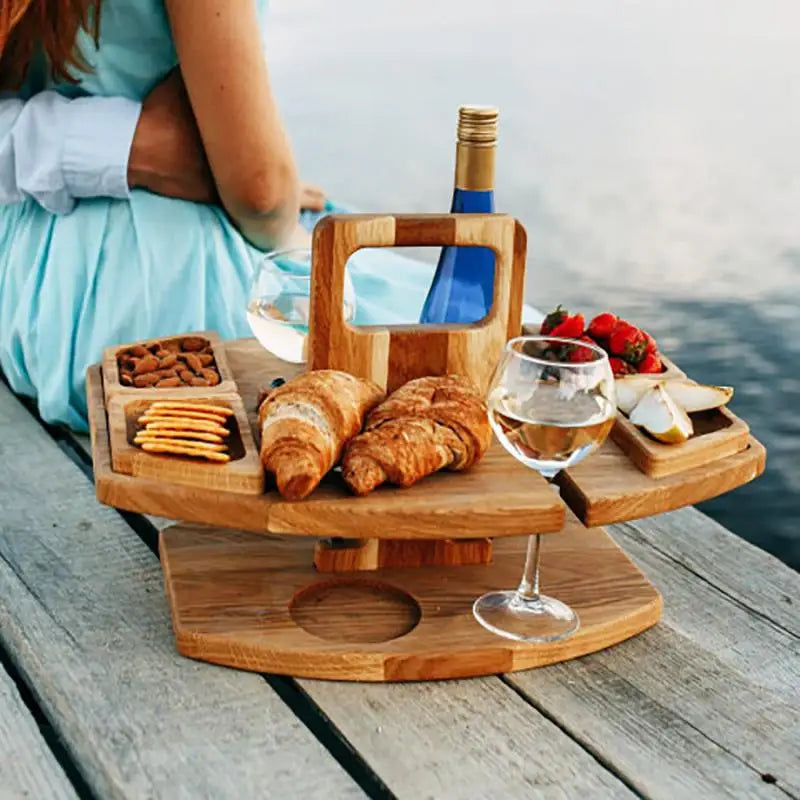 Wooden Portable Outdoor Folding Table Fruit Snack Tray Camping Picnic Wine Table Removable Wine Glass Holder Picnic Table