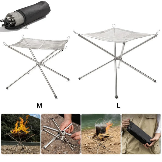Portable Camping Fire Pit Grill Stainless Steel Mesh Fire Pit Wood Stove Stand Foldable Fire Frame Rack Outdoor BBQ Bonfire