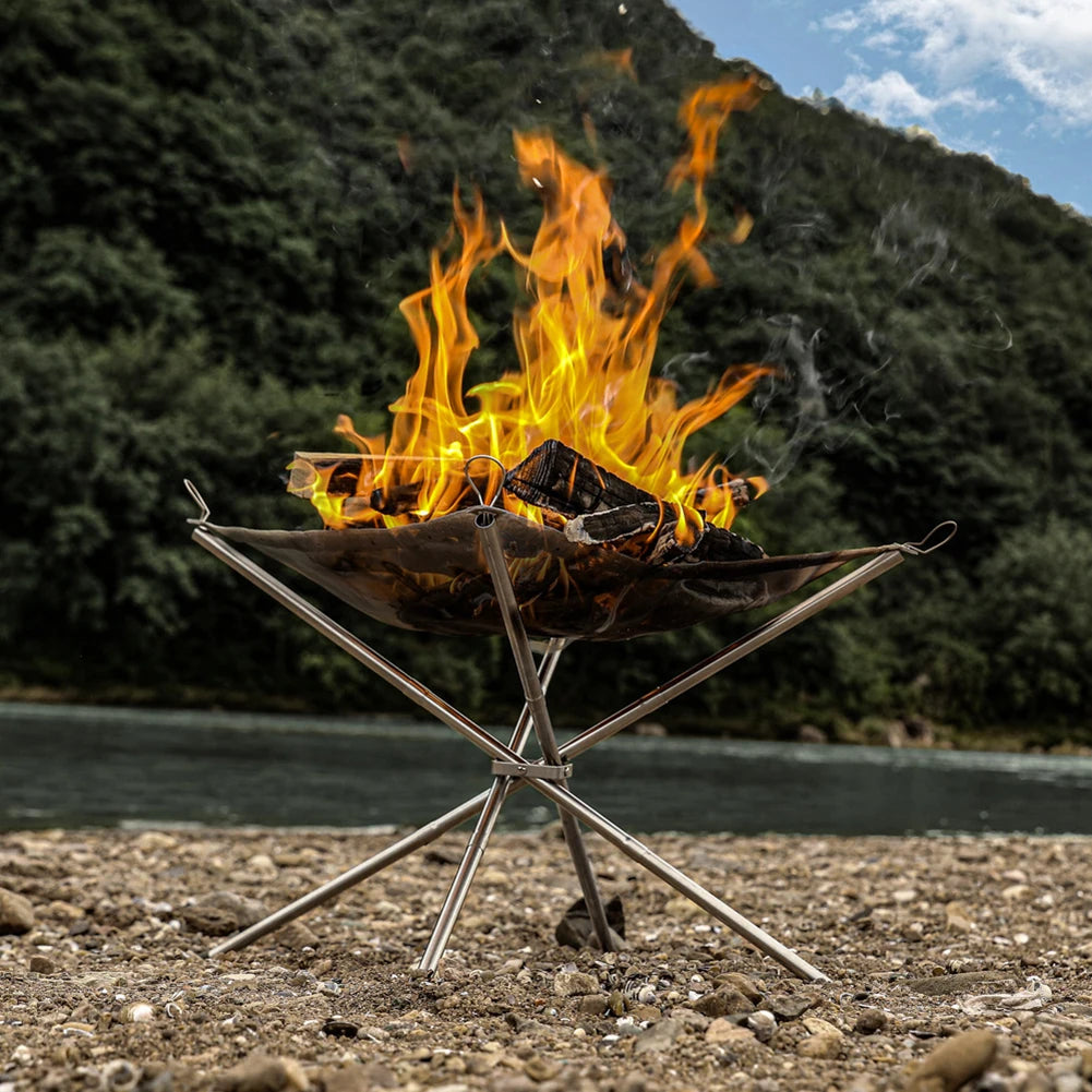 Portable Camping Fire Pit Grill Stainless Steel Mesh Fire Pit Wood Stove Stand Foldable Fire Frame Rack Outdoor BBQ Bonfire