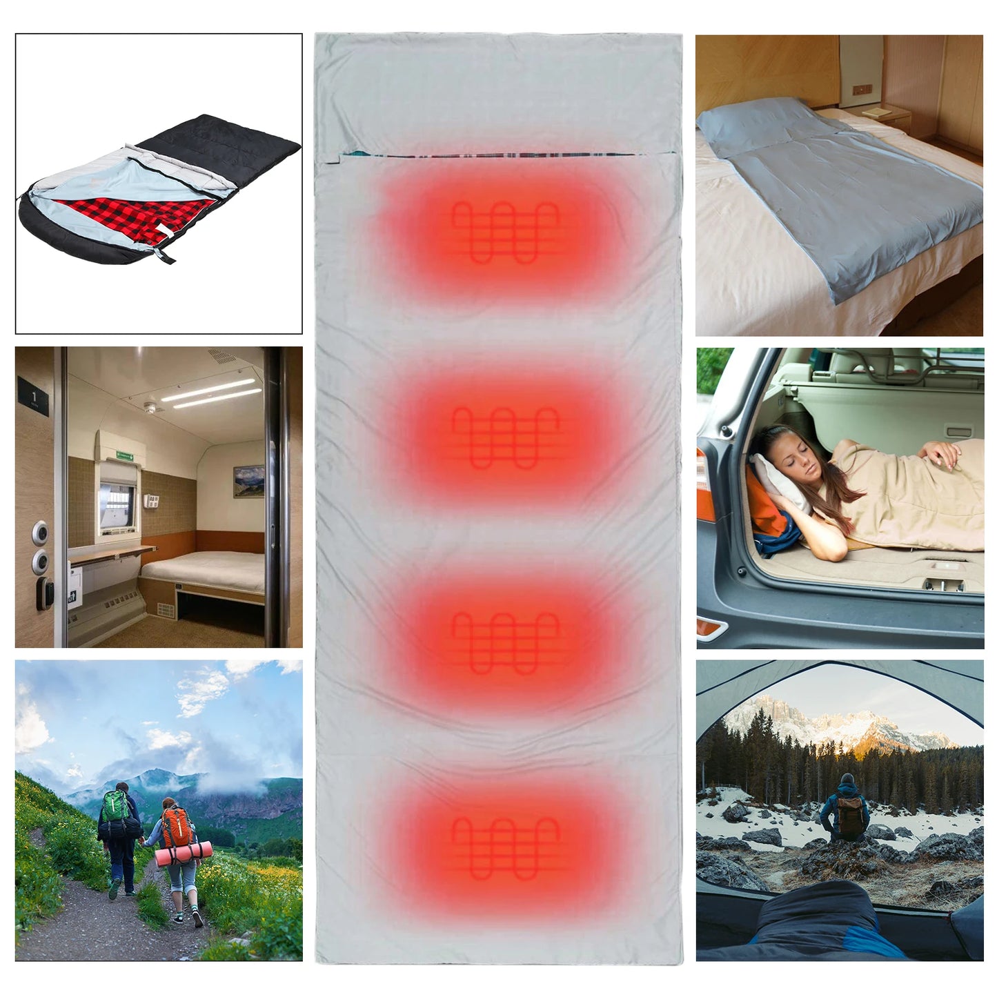 Flannel Heated Sleeping Bag Liner, Warm And Ultra Light, Outdoor Camping Travel Bed Sheet, USB Interface， With Compression Bag