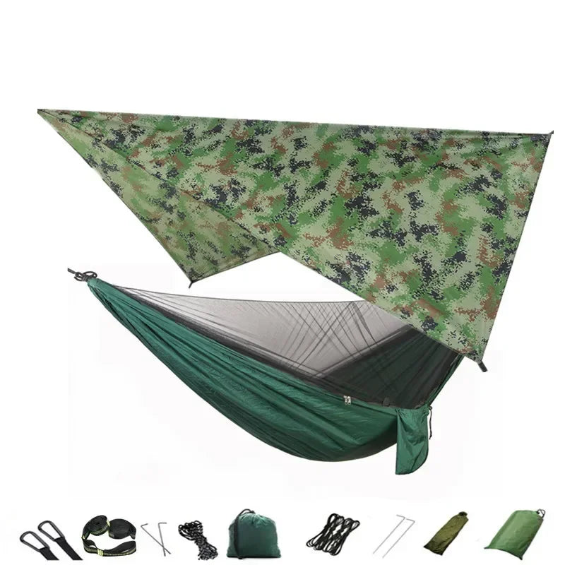 Camping Hammock with Mosquito Net and Rain Fly Tarp,Portable Parachute Tree Hammock Nylon Swing Hammocks Sun Shelter Rain Fly