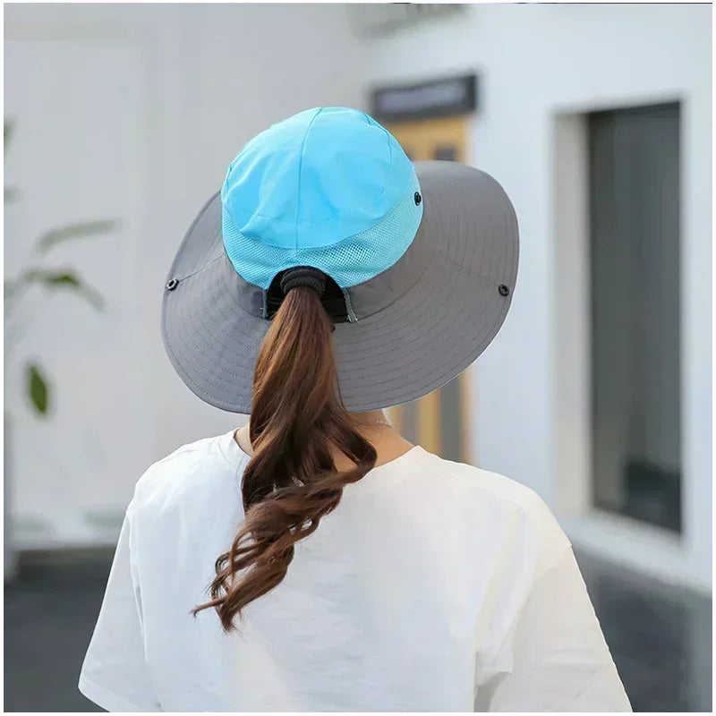 1PCS Women's Ponytail Sun Hat UV Protection Adjustable Foldable Mesh Wide Brim Colorblock Fishing Hat