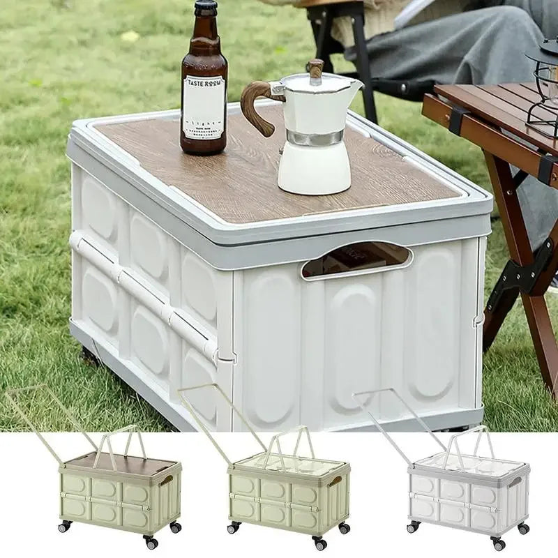 Folding Camping Organizer with Trolley and Wheels Outdoor Food Organizer with Table Board Picnic Chopping Board For Camping