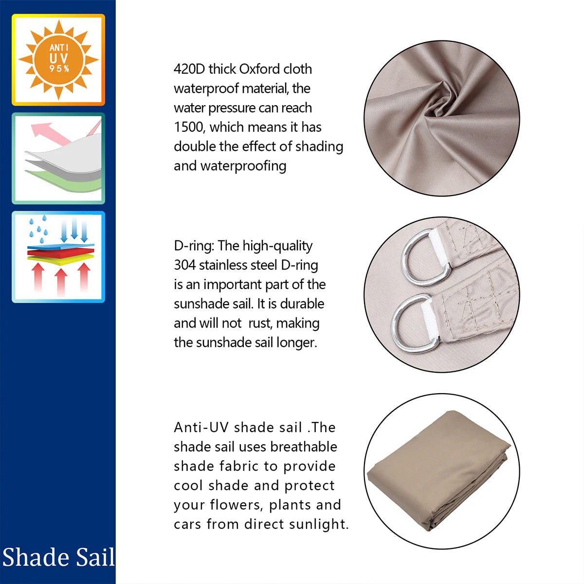 3x4x5M 5x5x7.1M Garden Sun Shade Sail Waterproof Anti-UV Triangle Shade Canvas Outdoor Camping Awning Courtyard Pool Shade