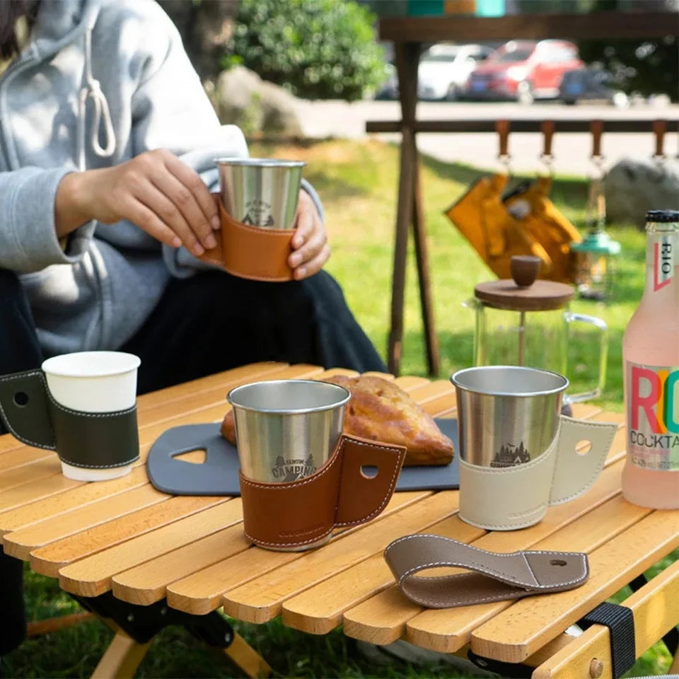 Camping Leather Cup Set Camping Coffee Cup Anti scalding Cup Set Camping Gathering Beverages