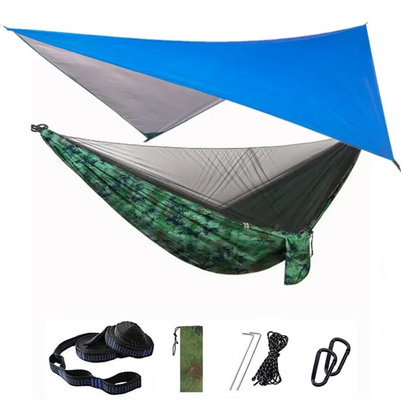Camping Hammock with Mosquito Net and Rain Fly Tarp,Portable Parachute Tree Hammock Nylon Swing Hammocks Sun Shelter Rain Fly