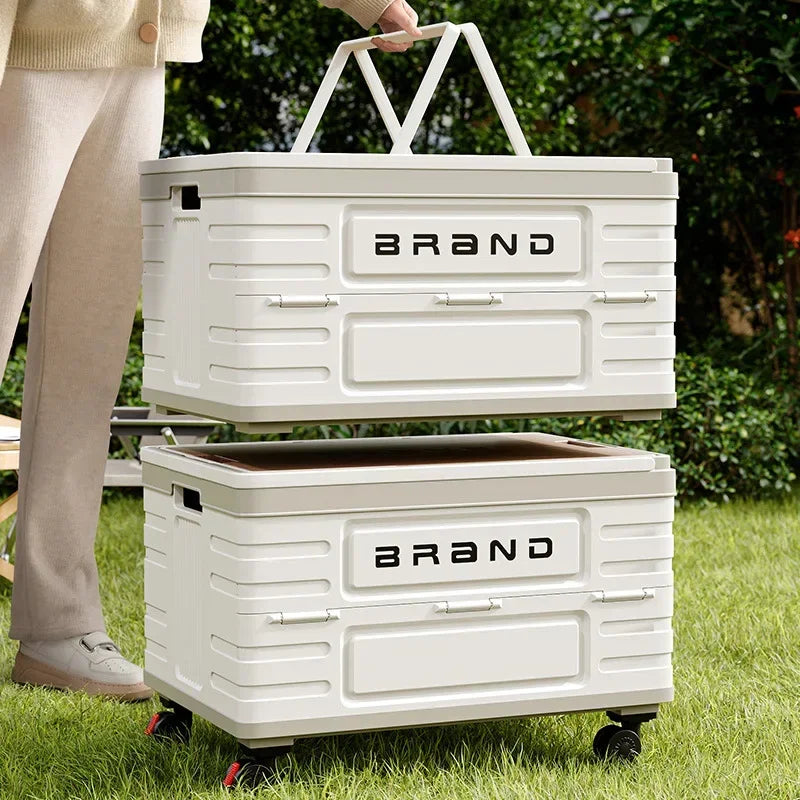 Camping Folding Box Outdoor Car Trunk Wooden Cover Camping Picnic Organizer Box Household Storage Storage Box with Wheels