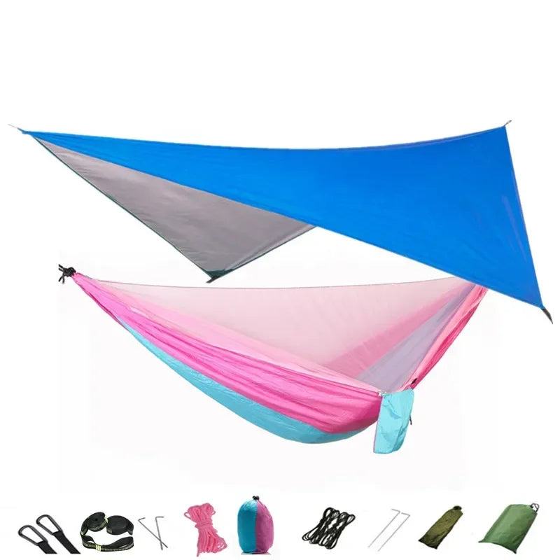 Camping Hammock with Mosquito Net and Rain Fly Tarp,Portable Parachute Tree Hammock Nylon Swing Hammocks Sun Shelter Rain Fly