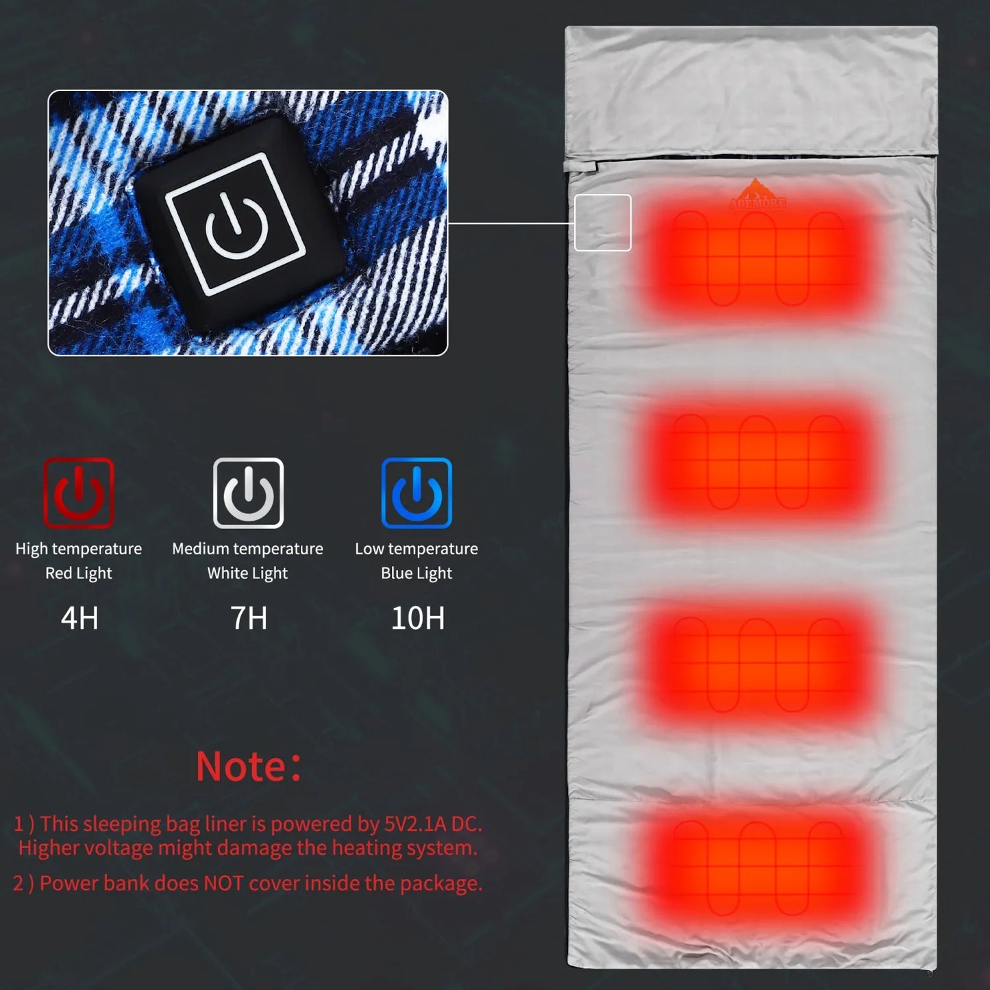 Flannel Heated Sleeping Bag Liner, Warm And Ultra Light, Outdoor Camping Travel Bed Sheet, USB Interface， With Compression Bag