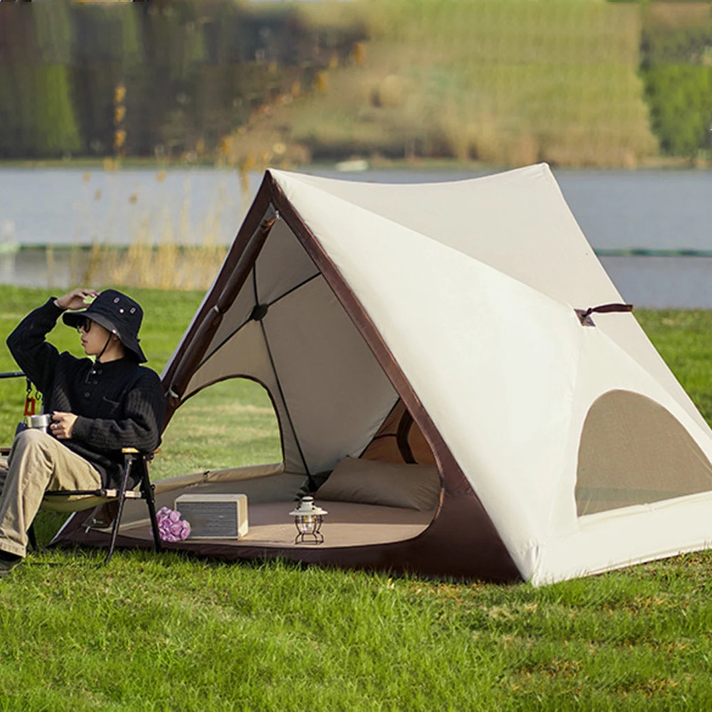 Triangular Camping Tent Automatic Open Tent Pop Up Beach Tents With 6 Ground Nails Portable UPF50 Triangular Shelter For Camping