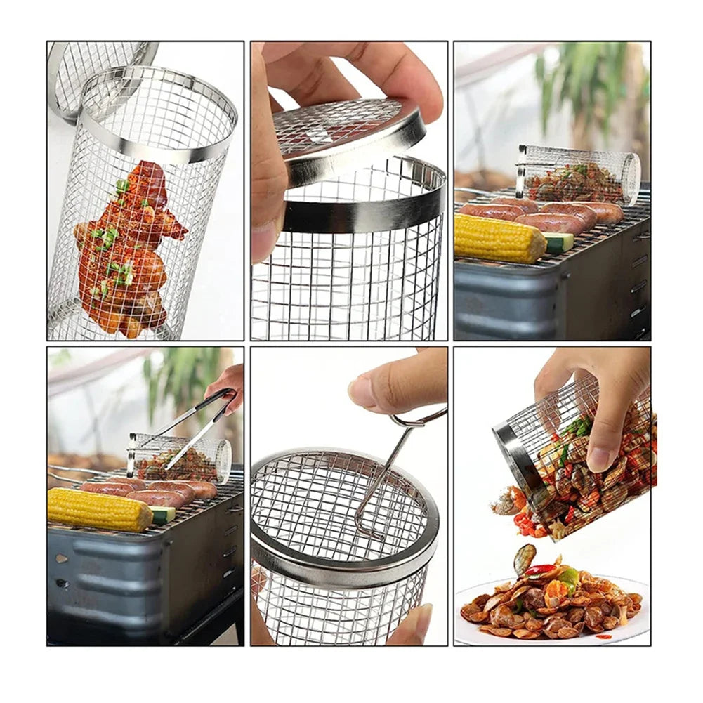 BBQ Basket Round Mesh Barbeque Rolling Grill Basket for Vegetables Fish Meat Outdoor Portable Grill Cage Kitchen Accessories