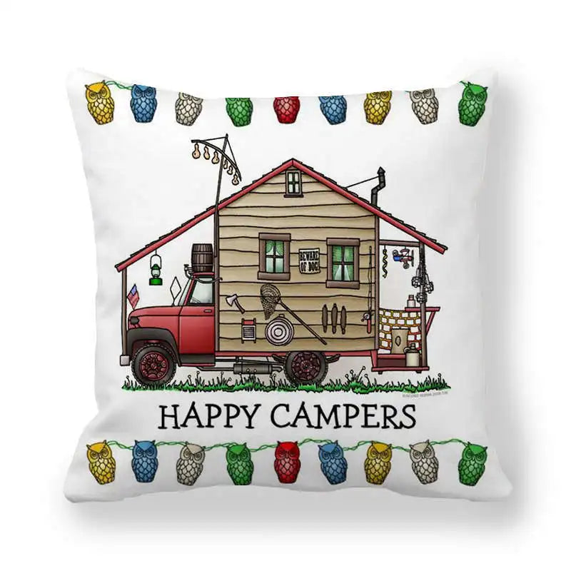 Happy Campers Car Cushion Cover Owl Outdoor Camping  Pillow  Sofa Decorative