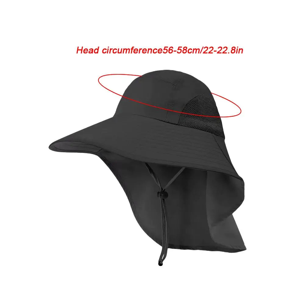 Summer Outdoor Sun Hat with UV Protection Neck Flap Fishing Cap Wide Brim Adjustable Windproof Strap For Hiking Camping