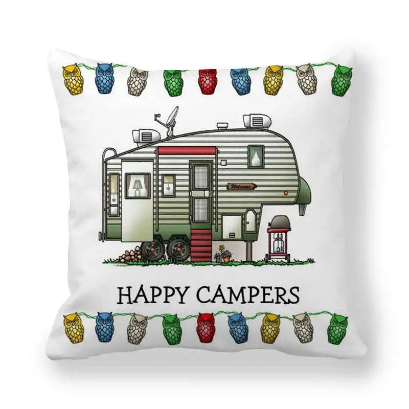 Happy Campers Car Cushion Cover Owl Outdoor Camping  Pillow  Sofa Decorative