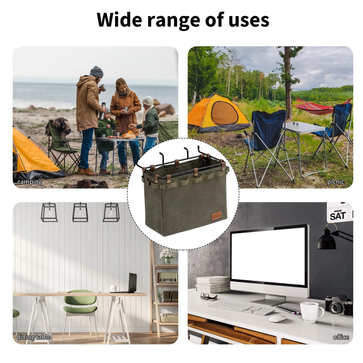 Camping Table Side Storage Bag Multifunctional Folding Canvas Bag with Hook Outdoor Picnic Desk Cookware Hanging Large Capacity