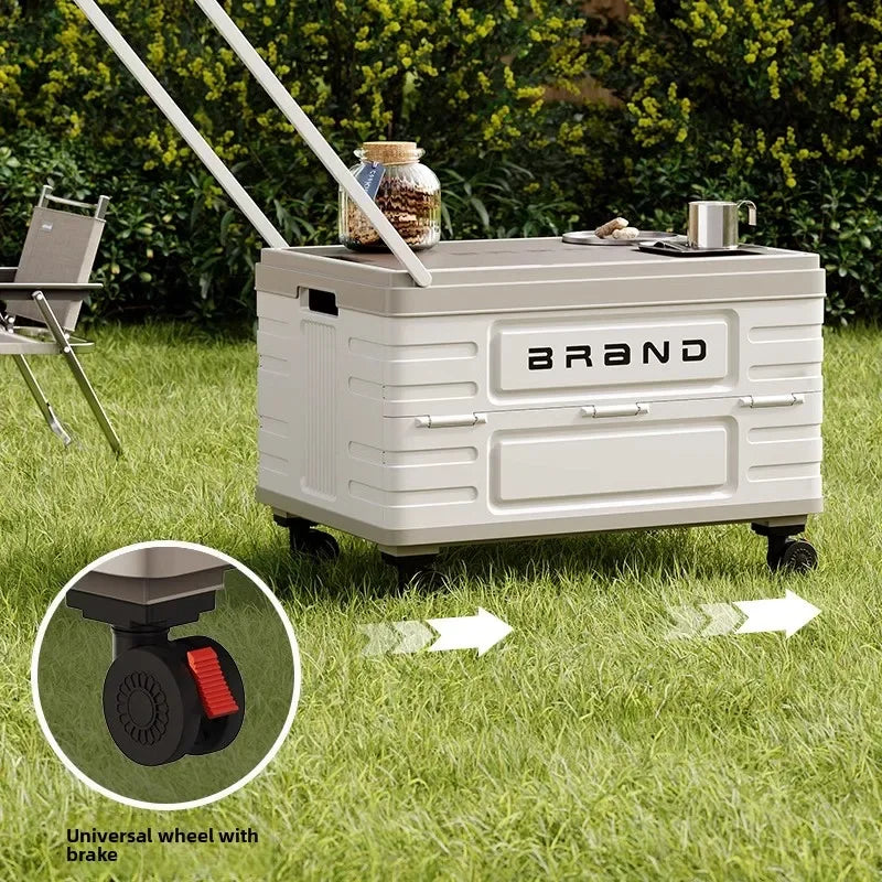 Camping Folding Box Outdoor Car Trunk Wooden Cover Camping Picnic Organizer Box Household Storage Storage Box with Wheels