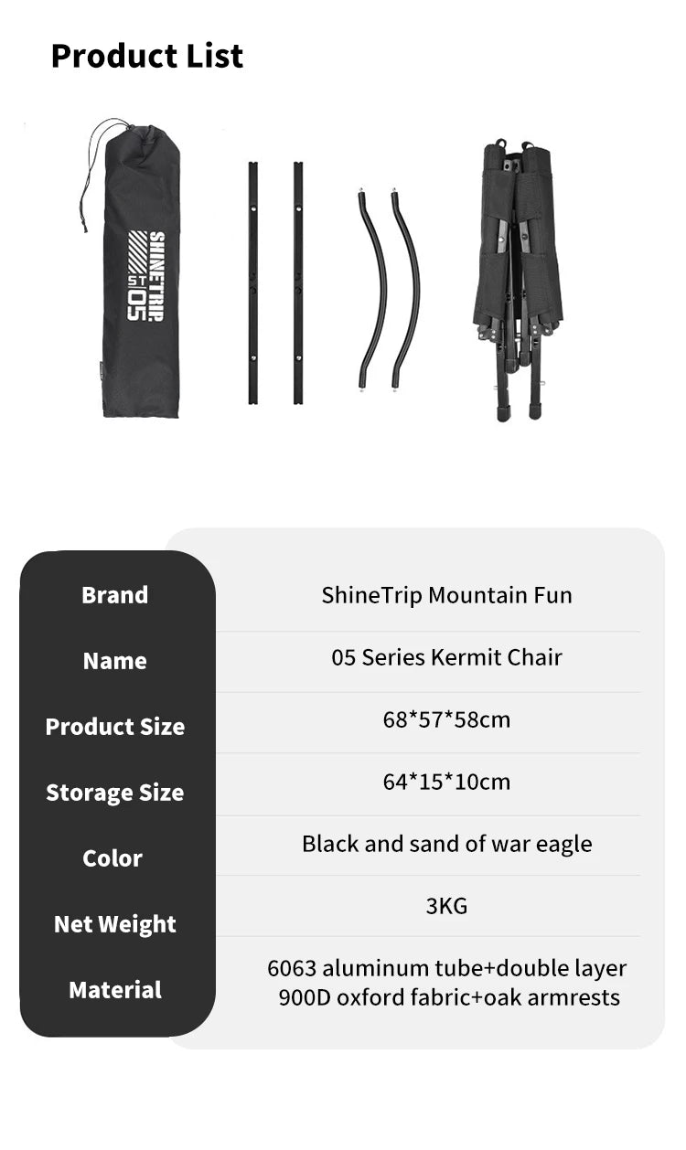 ShineTrip Outdoor Tactical Chair Lightweight Aluminium Foldable Kermit Chair Detachable Portable Blackout Camping Chair