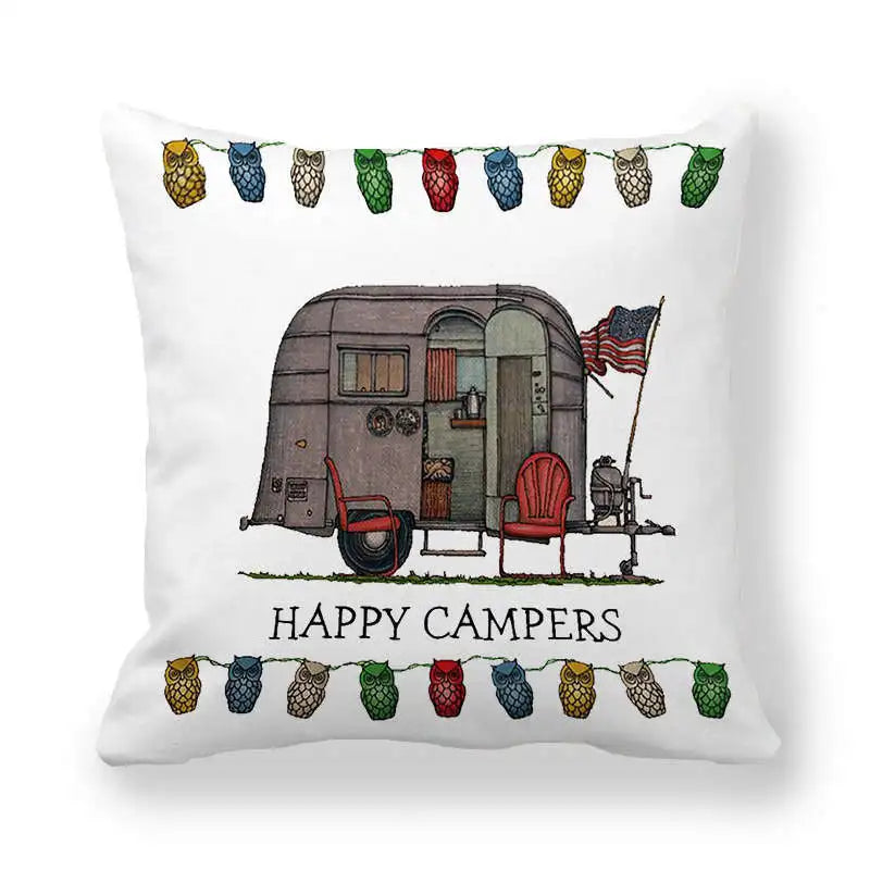 Happy Campers Car Cushion Cover Owl Outdoor Camping  Pillow  Sofa Decorative