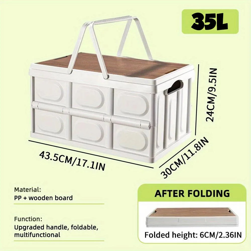 Outdoor Camping Folding Storage Box 35L Thickened Car Mounted Travel Food Foldable Organizing Tool with Carry Handle Wooden Lid