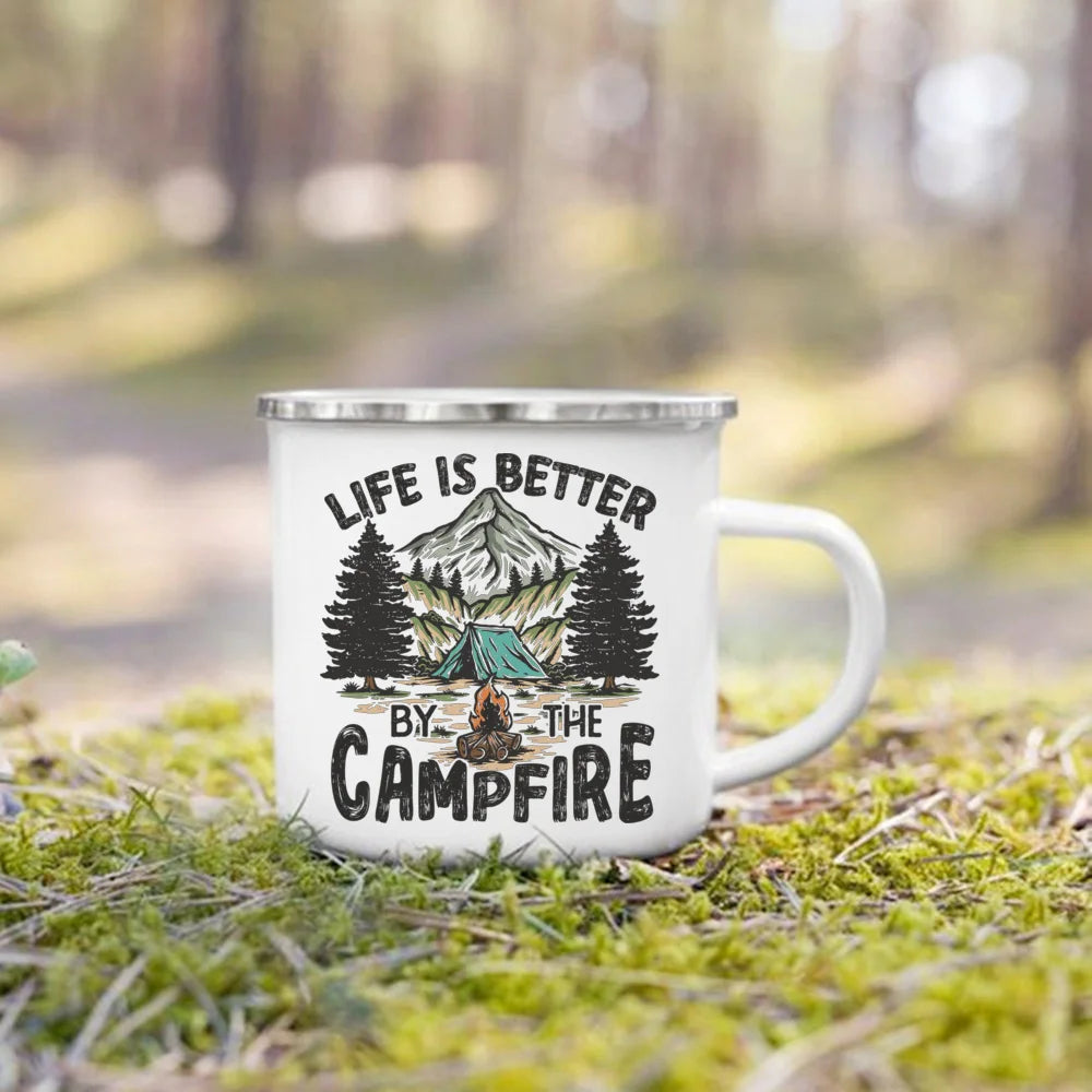 Life Is Better By The Campfire Printed Camper Mugs Camping Enamel Mug Adventure Campfire Party Beer Juice Cup Gifts for Camper