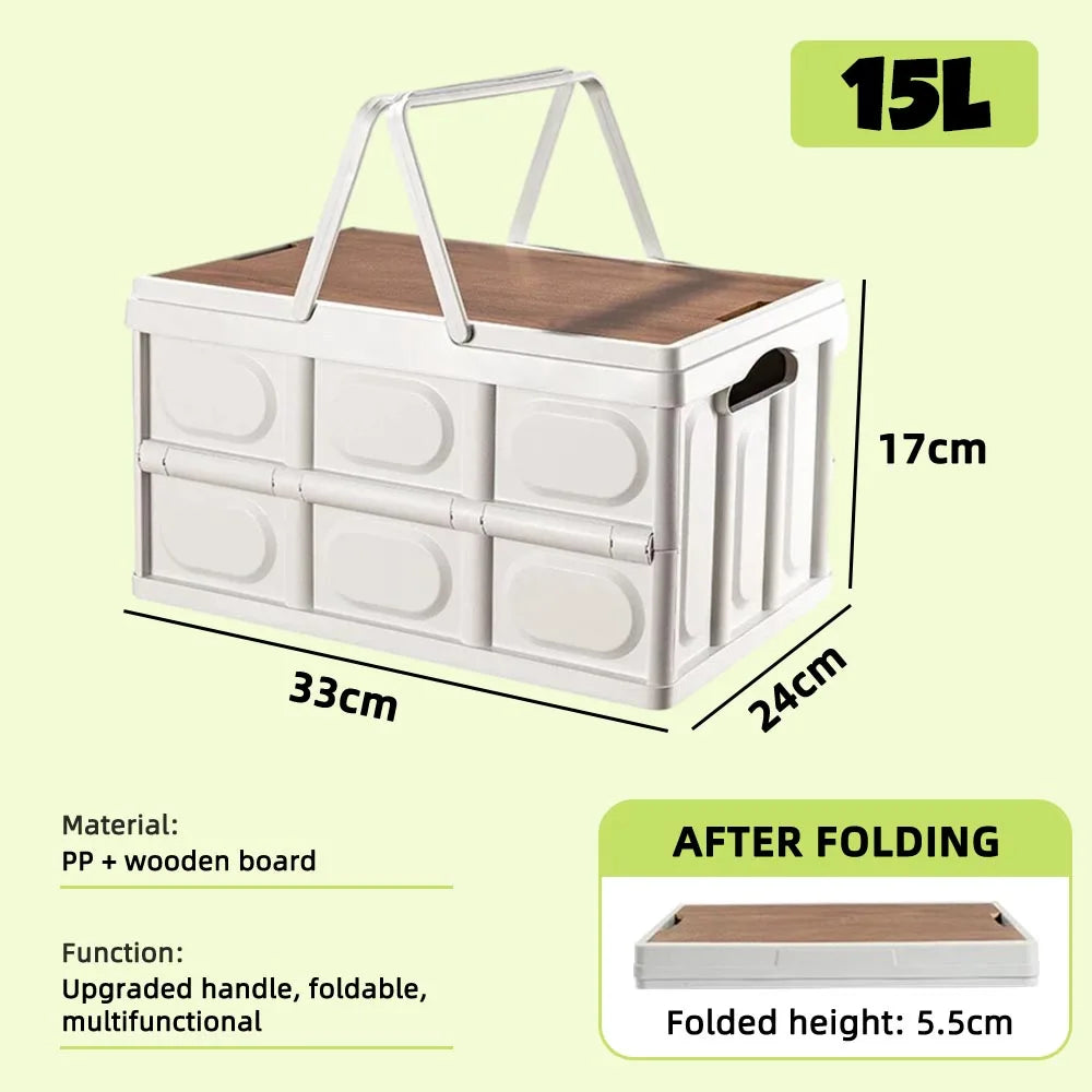Outdoor Camping Folding Storage Box 35L Thickened Car Mounted Travel Food Foldable Organizing Tool with Carry Handle Wooden Lid