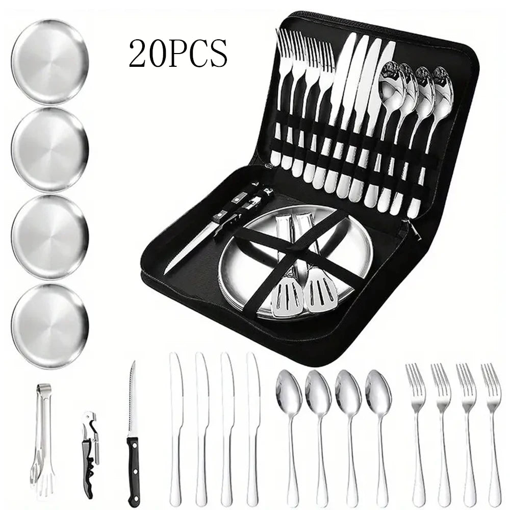 10/20Pcs Outdoor Camping Cutlery Organizer Utensil Picnic portable Set Stainless Steel Plate Spoon Knife Fork Tongs Hiking