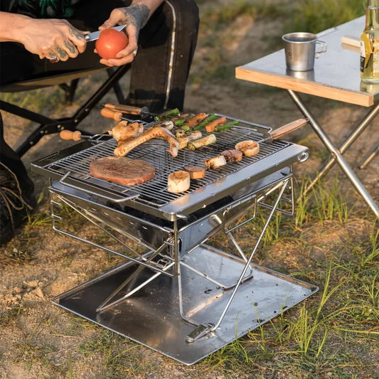 Height Adjust Camp Fire Grill Collapsible Wood Burning Barbecue Grill with Bag