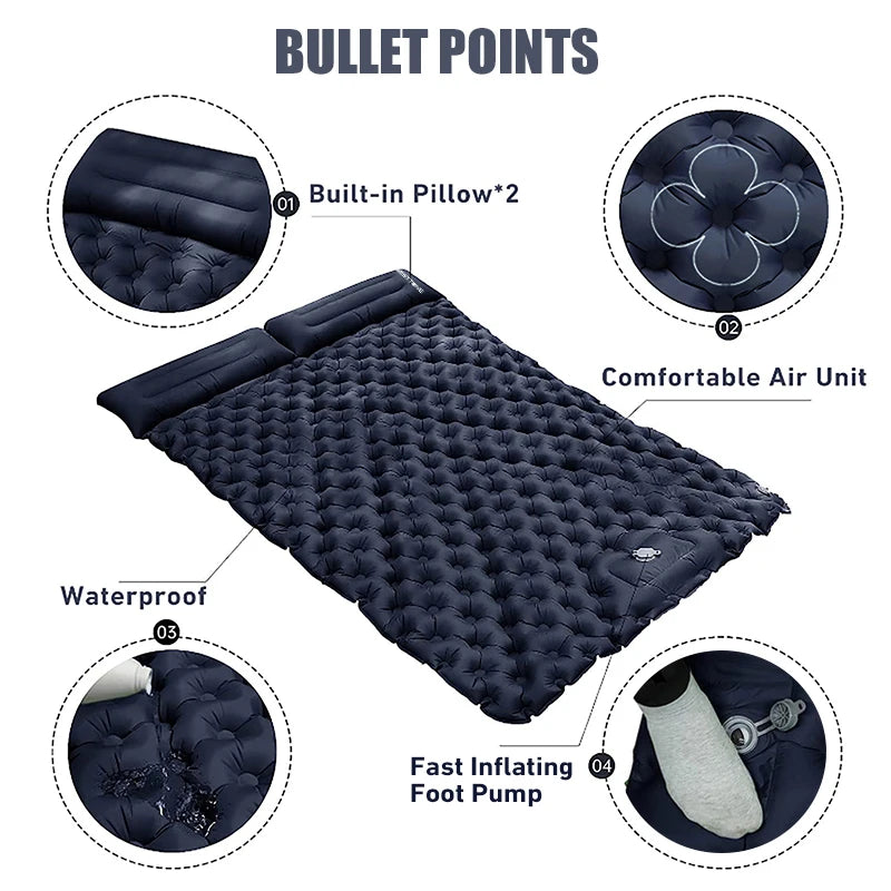 Camping double sleeping pad self-inflating cushion two person travel bed air mattress with pillow outdoor hiking