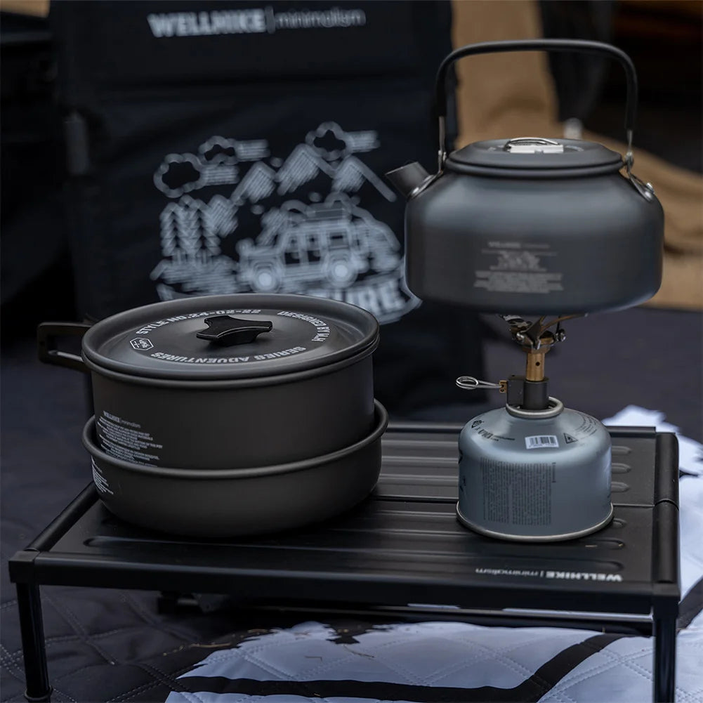 3Pcs/Set Camping Cookware Set with Water Kettle Portable Cookware Kit Tableware Pot Pan Set for Outdoor Fishing Camping