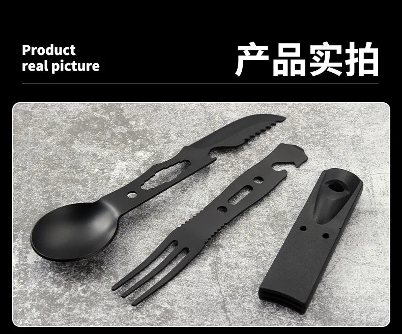 Outdoor Set Multi functional Camping Knives Camping Tableware Outdoor Wind Combination Stainless Steel with Whistle Spoon Fork