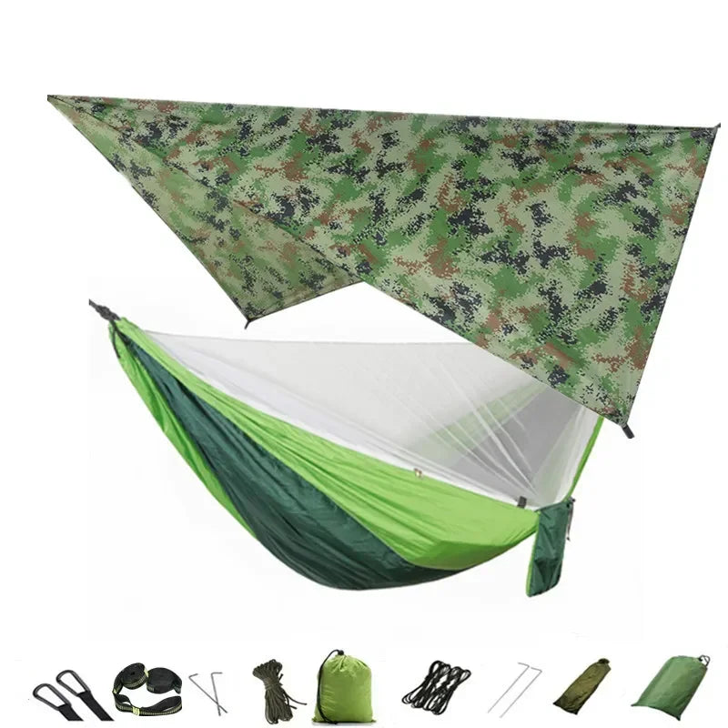 Camping Hammock with Mosquito Net and Rain Fly Tarp,Portable Parachute Tree Hammock Nylon Swing Hammocks Sun Shelter Rain Fly