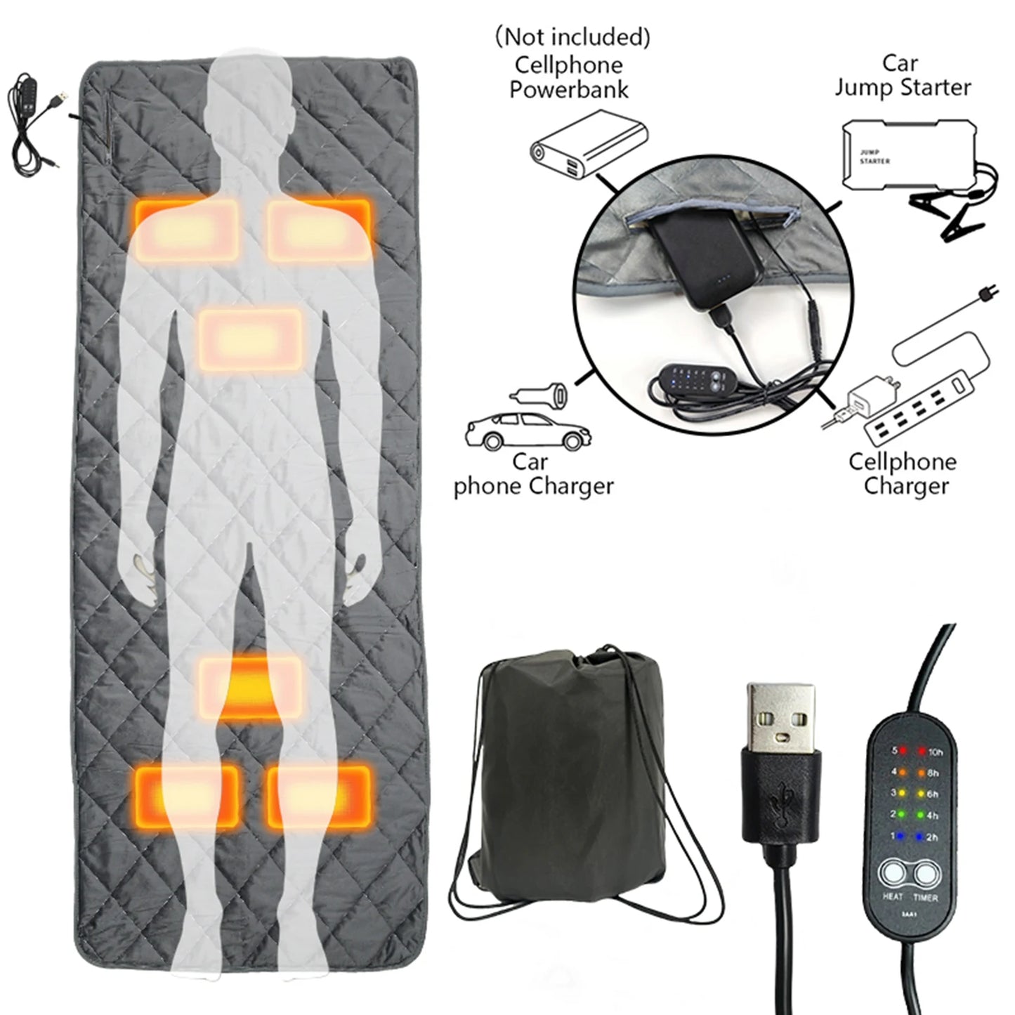 Camping Heated Sleeping Bag Pad Heated USB Sleeping Bag Liner Heated Blanket Mat Camping Warm Tent Heater Outdoor 6 Heating Zone