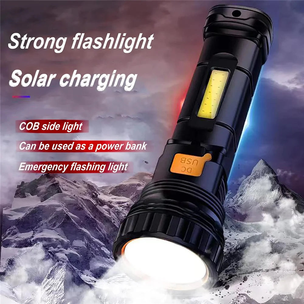 Solar LED Flashlight Waterproof Outdoor Flash Light 1000 Lumens Rechargeable Solar/USB Charging Emergency Supply Strobe Light