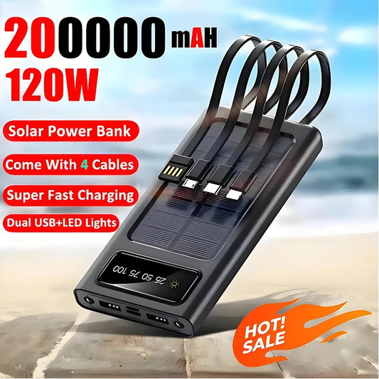 200000mah Solar Powered Power Bank With Light Large Capacity Ultra Fast Charging Digital Display Screen 4-Wire External Battery