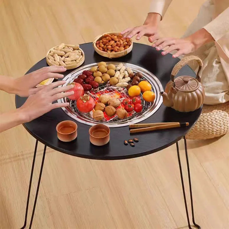 Portable foldable round table barbecue grill, smokeless barbecue grill, suitable for outdoor camping and party gatherings