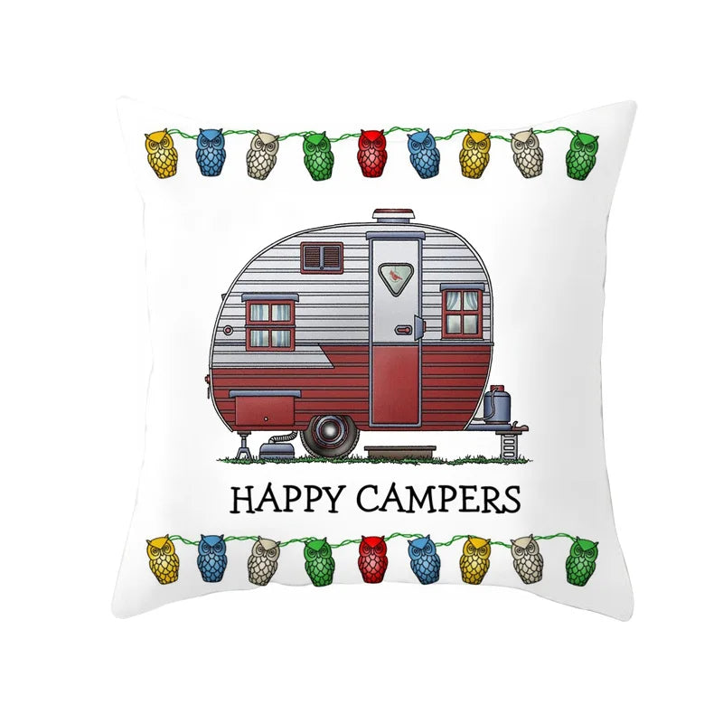 Happy Campers Car Cushion Cover Owl Outdoor Camping  Pillow  Sofa Decorative
