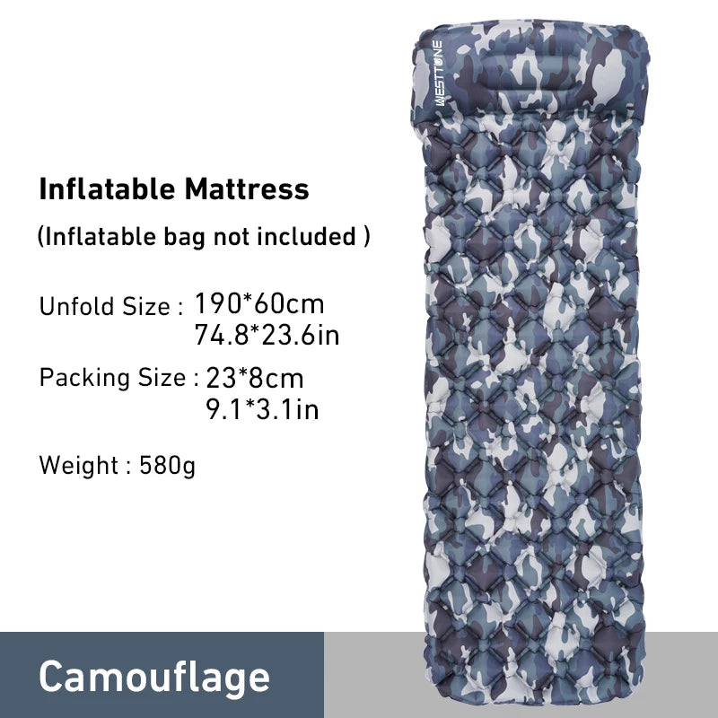 WESTTUNE Camping Inflating Sleeping Mattress Folding Outdoor Sleeping Pad Inflatable Mattress with Pillow Ultralight Travel Bed
