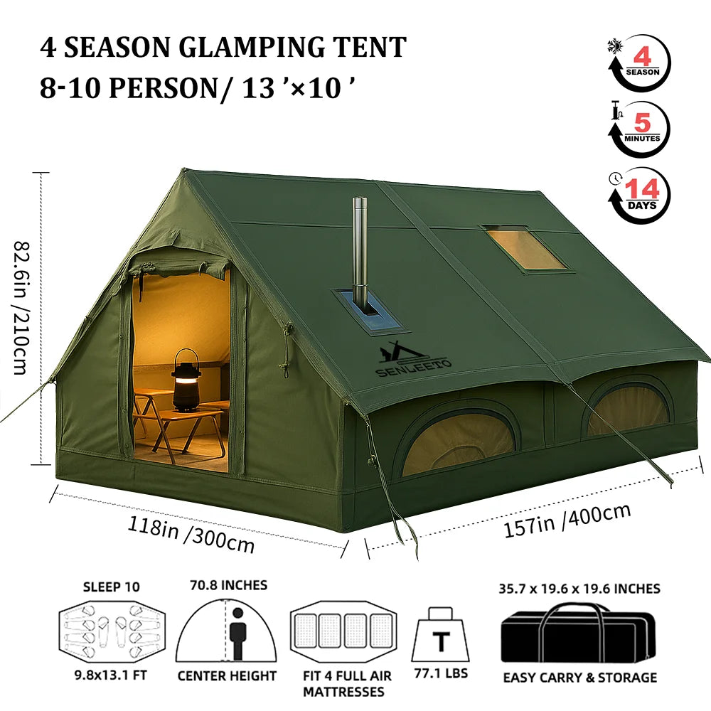 8-10 Person Green Inflatable Glamping Tent with Tarp,4 Season Outdoor Air Tent with Fireproof Mat for Camping