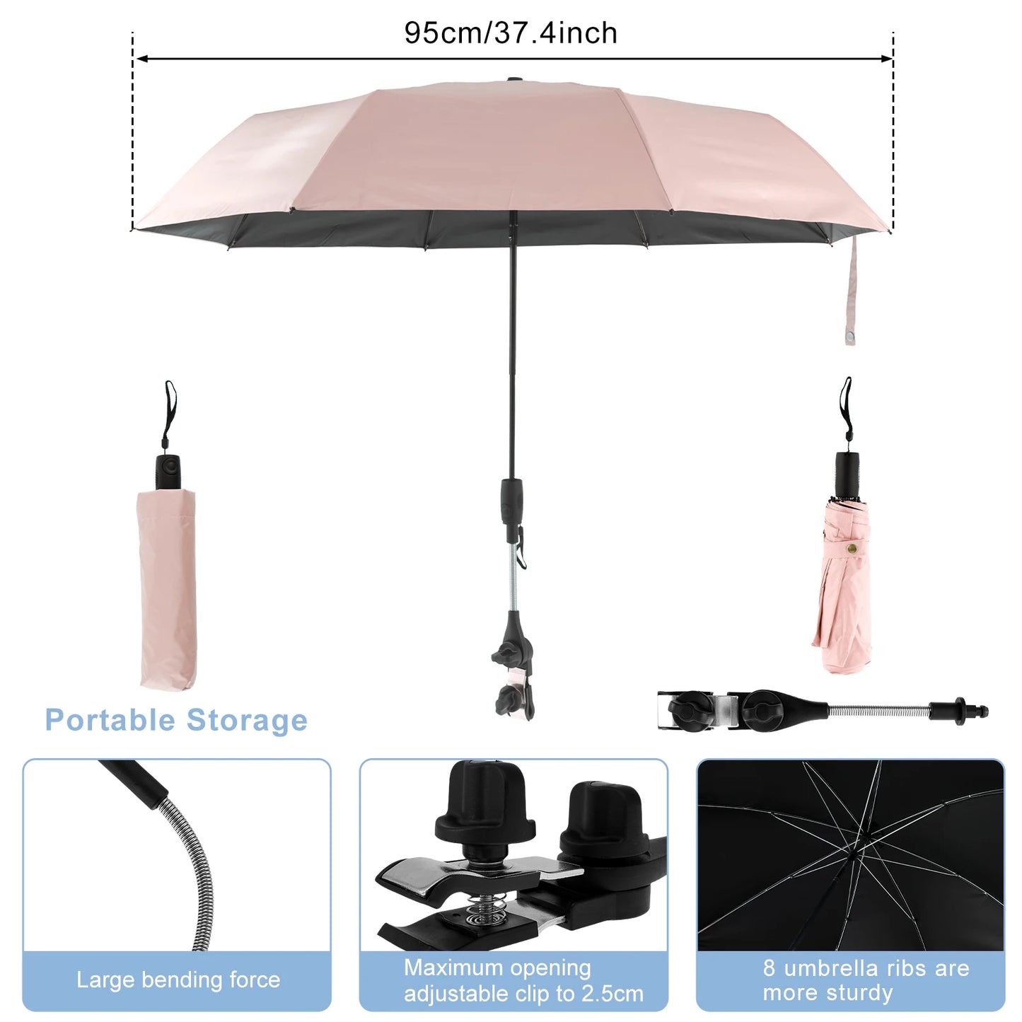 Beach Umbrella Adjustable Shade Umbrella Outdoor with Large Opening Clip Portable Umbrella Beach Camping Chair Wheelchair