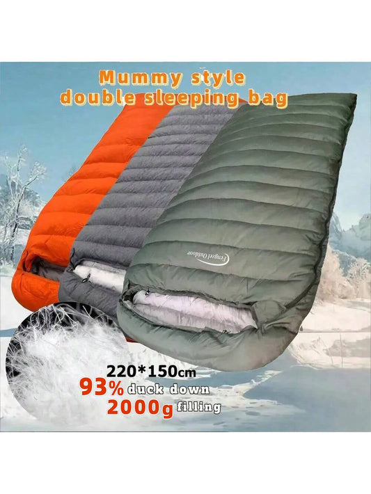 Outdoor camping, mummy style, double sleeping bag, 93% duck down 2000g filling, thickened, cold-proof and warm, adult sleeping b