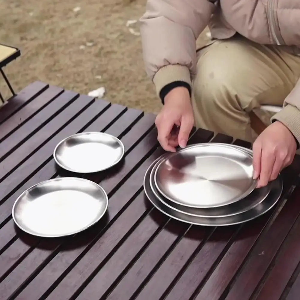Camping Plate Stainless Steel Outdoor Camping Tableware Dinner Food Container BBQ Picnic Dishes Cookware Utensils 14-26cm Dia