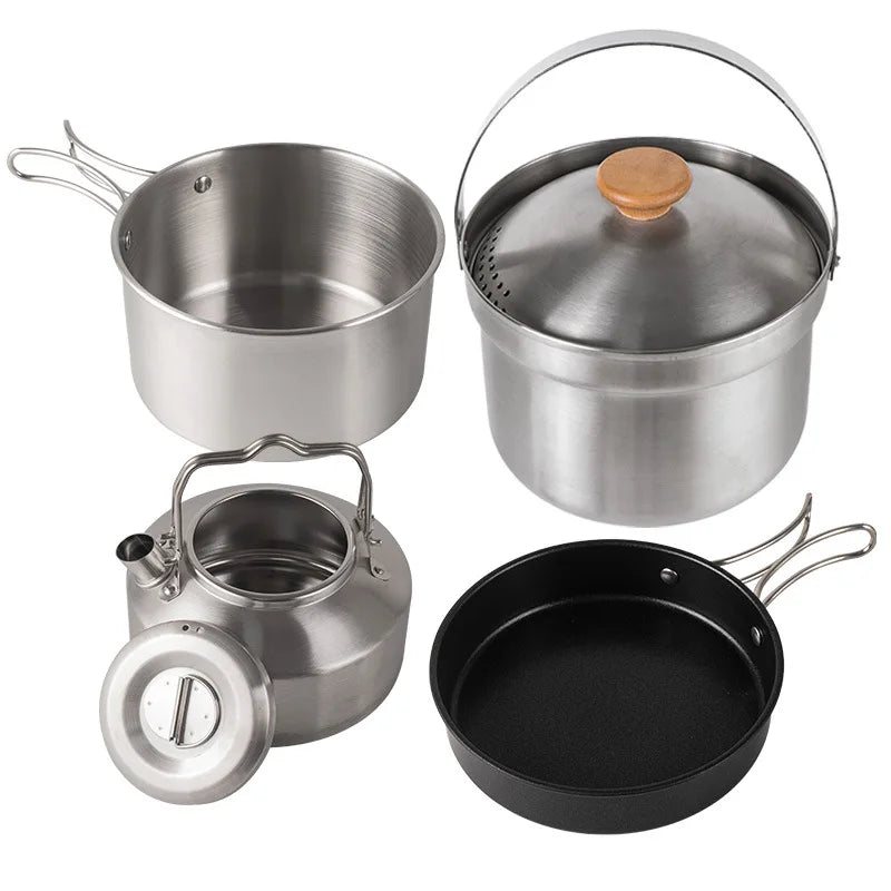 Camping Cookware Stainless Steel Set Outdoor Hiking Portable Picnic Tableware Kit Pot Frying Pan Kettle Set For Outdoor Cooking
