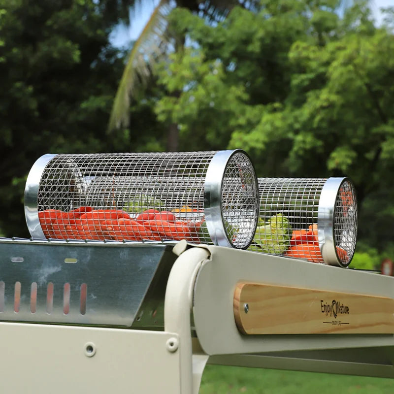 BBQ Cooking Grill Outdoor Portable BBQ Grate Cylinder Grilling Baskets for Outdoor Camping Picnic Cookware BBQ Tools