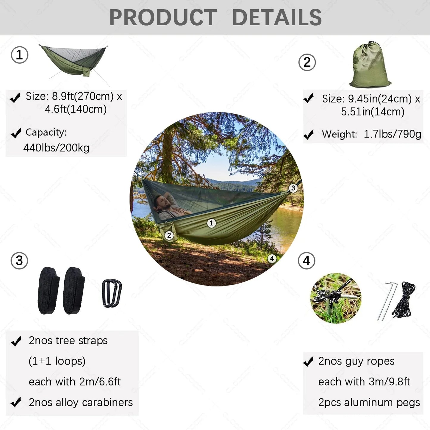 2 Person Camping Hammock with Mosquito Net, Ultralight Equipment, Swing for Adults, Hanging Hammock