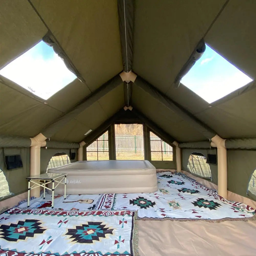 8-10 Person Green Inflatable Glamping Tent with Tarp,4 Season Outdoor Air Tent with Fireproof Mat for Camping