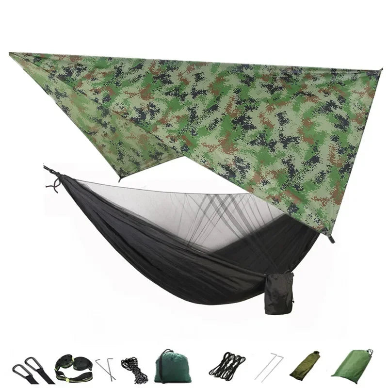 Camping Hammock with Mosquito Net and Rain Fly Tarp,Portable Parachute Tree Hammock Nylon Swing Hammocks Sun Shelter Rain Fly