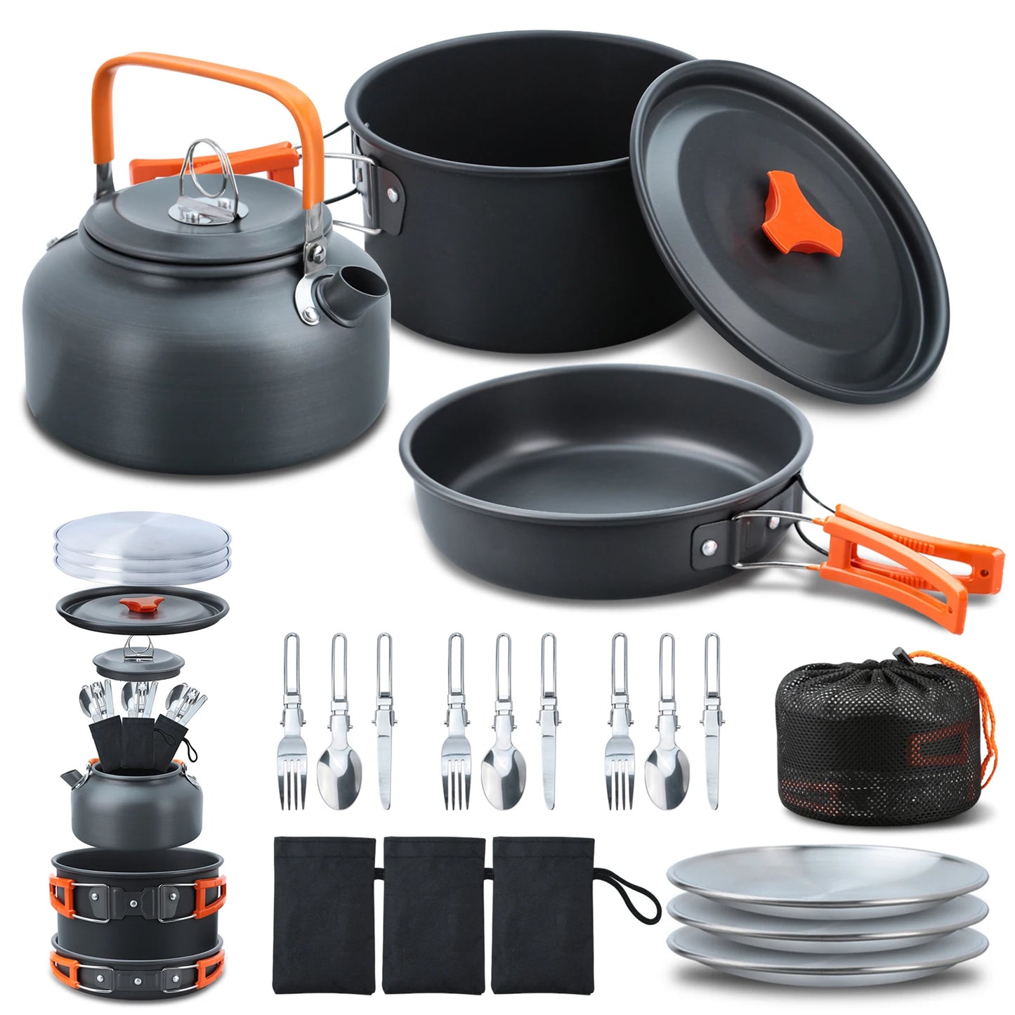 Outdoor Camping Cookware Set Portable Picnic Tableware Frying Pan Soup Pot Kettle Plate Knives Spoons Forks